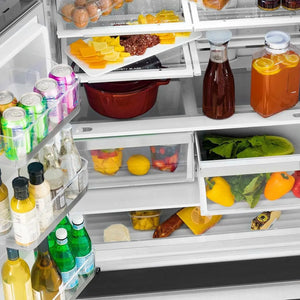ZLINE Autograph Edition 36 in. 22.5 cu. ft Freestanding French Door Refrigerator with Ice Maker in Fingerprint Resistant Stainless Steel with Polished Gold Accents (RFMZ-36-G) food and beverages inside on adjustable shelving from above.