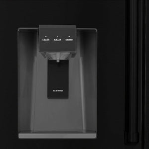 ZLINE Autograph Edition 36 in. 21.6 cu. ft 4-Door French Door Refrigerator with Water and Ice Dispenser in Black Stainless Steel with Champagne Bronze Modern Handles (RFMZ-W36-BS-FCB) external water and ice dispenser.