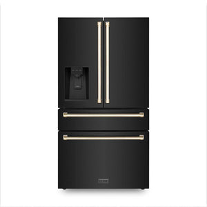 ZLINE Autograph Edition 36 in. 21.6 cu. ft. Counter-Depth French Door Refrigerator with Water and Ice Dispenser in Fingerprint-Resistant Black Stainless Steel with Polished Gold Traditional Handles (RFMZ-W-36-BS-G) front, closed.