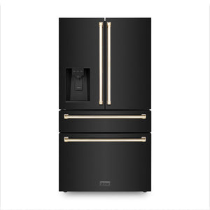 ZLINE Autograph Edition 36 in. 21.6 cu. ft Freestanding French Door Refrigerator with Water and Ice Dispenser in Fingerprint Resistant Black Stainless Steel with Polished Gold Accents (RFMZ-W-36-BS-G) front.