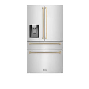 ZLINE Autograph Edition 36 in. 21.6 cu. ft. Counter-Depth French Door Refrigerator with Water and Ice Dispenser in Fingerprint-Resistant Stainless Steel with Champagne Bronze Traditional Handles (RFMZ-W-36-CB) front, closed.