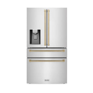 ZLINE Autograph Edition 36 in. 21.6 cu. ft. Counter-Depth French Door Refrigerator with Water and Ice Dispenser in Fingerprint-Resistant Stainless Steel with Champagne Bronze Traditional Handles (RFMZ-W-36-CB) front, closed.