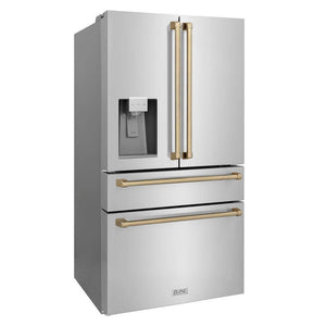 ZLINE Autograph Edition 36 in. 21.6 cu. ft. Counter-Depth French Door Refrigerator with Water and Ice Dispenser in Fingerprint-Resistant Stainless Steel with Champagne Bronze Traditional Handles (RFMZ-W-36-CB) side, closed.