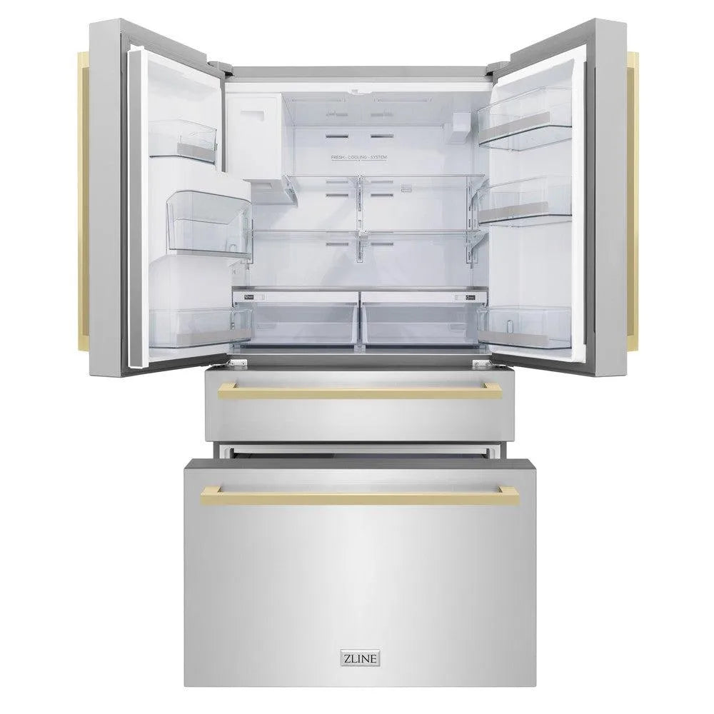 ZLINE Autograph Edition 36 in. 21.6 cu. ft. Counter-Depth French Door Refrigerator with Water and Ice Dispenser in Fingerprint-Resistant Stainless Steel with Champagne Bronze Modern Handles (RFMZ-W-36-FCB) front, refrigeration compartment and bottom freezer drawers open.
