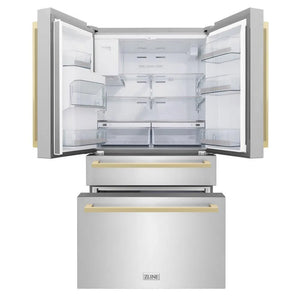 ZLINE Autograph Edition 36 in. 21.6 cu. ft. Counter-Depth French Door Refrigerator with Water and Ice Dispenser in Fingerprint-Resistant Stainless Steel with Champagne Bronze Modern Handles (RFMZ-W-36-FCB) front, refrigeration compartment and bottom freezer drawers open.