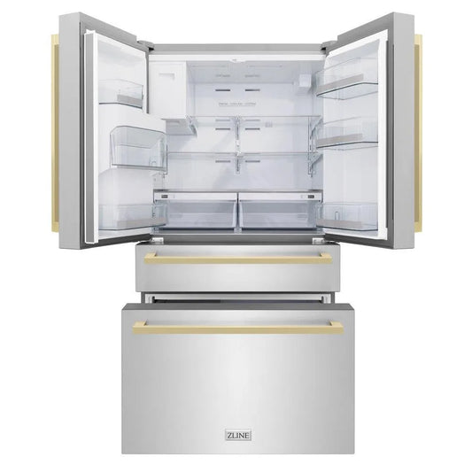 ZLINE Autograph Edition 36 in. 21.6 cu. ft. Counter-Depth French Door Refrigerator with Water and Ice Dispenser in Fingerprint-Resistant Stainless Steel with Champagne Bronze Modern Handles (RFMZ-W-36-FCB) front, refrigeration compartment and bottom freezer drawers open.