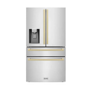 ZLINE Autograph Edition 36 in. 21.6 cu. ft. Counter-Depth French Door Refrigerator with Water and Ice Dispenser in Fingerprint-Resistant Stainless Steel with Champagne Bronze Modern Handles (RFMZ-W-36-FCB) main image.
