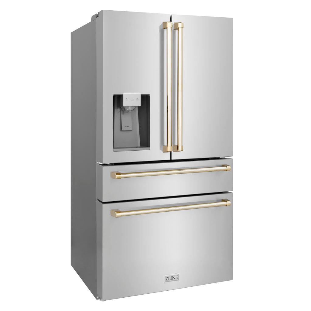 ZLINE Autograph Edition 36 in. 21.6 cu. ft Freestanding French Door Refrigerator with Water Dispenser in Stainless Steel with Polished Gold Accents (RFMZ-W-36-G) side, closed.