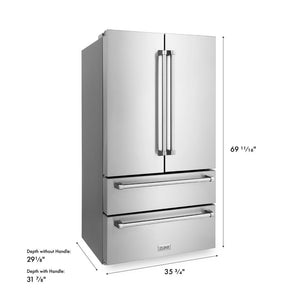 ZLINE 36 in. 22.5 cu. ft. Counter-Depth French Door Refrigerator with Ice Maker in Fingerprint-Resistant Stainless Steel (RFM-36) dimensional diagram.