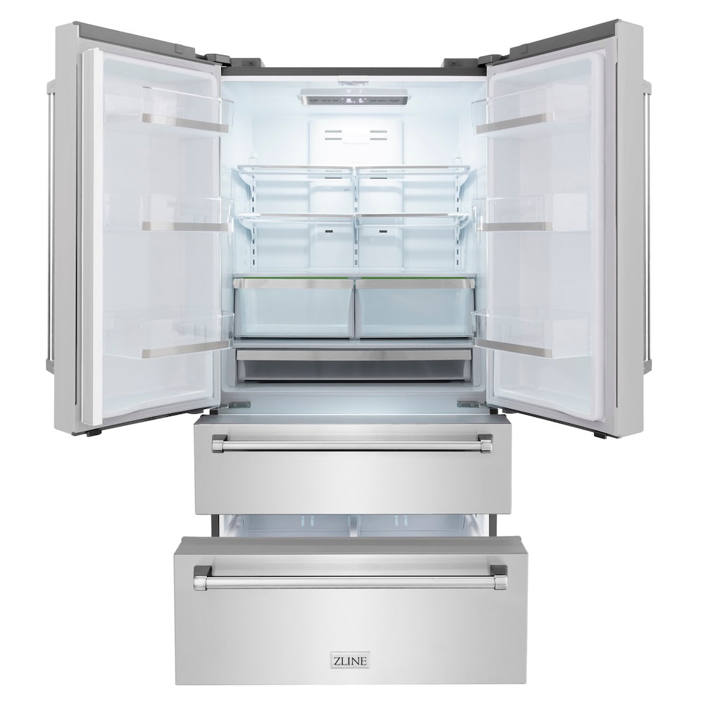 ZLINE 36 in. 22.5 cu. ft. Counter-Depth French Door Refrigerator with Ice Maker in Fingerprint-Resistant Stainless Steel (RFM-36) front, refrigeration compartment and bottom freezer drawers open.
