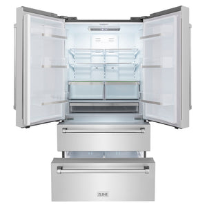 ZLINE 36 in. 22.5 cu. ft. Counter-Depth French Door Refrigerator with Ice Maker in Fingerprint-Resistant Stainless Steel (RFM-36) front, refrigeration compartment and bottom freezer drawers open.