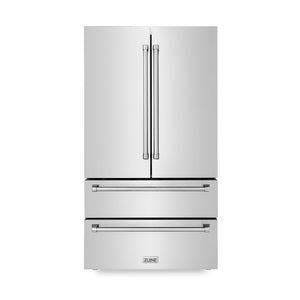 ZLINE Kitchen Package with 36 in. French Door Refrigerator, 36 in. Dual Fuel Range, 36 in. Range Hood, 24 in. Microwave Drawer, 24 in. Tall Tub Dishwasher and 24 in. Beverage Fridge in Stainless Steel (6KPR-RARH36-MWDWV-RBV)