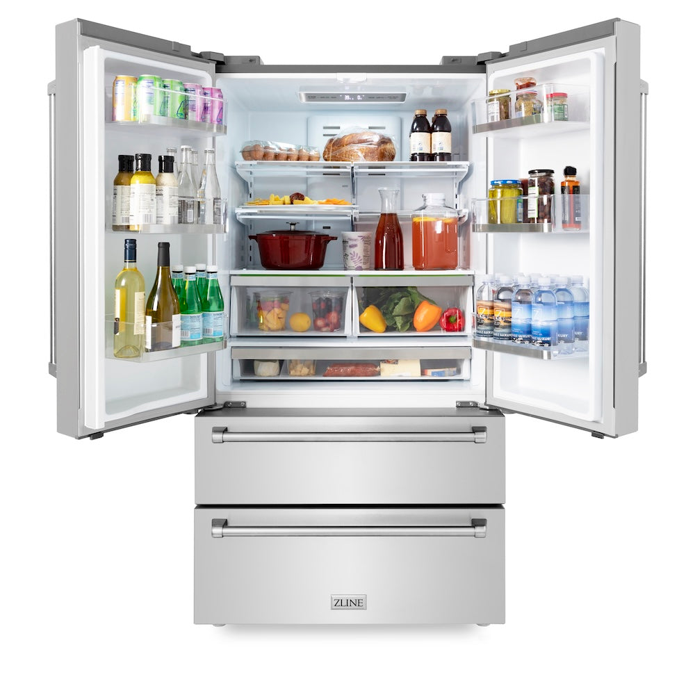 ZLINE 36 in. 22.5 cu. ft. Counter-Depth French Door Refrigerator with Ice Maker in Fingerprint-Resistant Stainless Steel (RFM-36) front, refrigeration compartment open, with food on shelves.