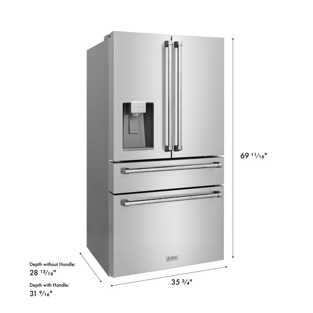 ZLINE 36 in. 21.6 cu. ft. Counter-Depth French Door Refrigerator with Water and Ice Dispenser in Fingerprint-Resistant Stainless Steel (RFM-W-36) dimensional diagram.