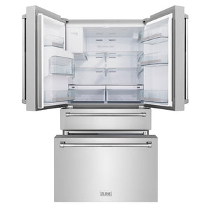 ZLINE 36 in. 21.6 cu. ft. Counter-Depth French Door Refrigerator with Water and Ice Dispenser in Fingerprint-Resistant Stainless Steel (RFM-W-36) front, refrigeration compartment and bottom freezer drawers open.