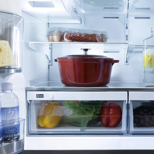 Open ZLINE 36 in. 21.6 cu. ft. Counter-Depth French Door Refrigerator with Water and Ice Dispenser in Fingerprint-Resistant Stainless Steel (RFM-W-36) with a red pot, vegetables, and a water bottle inside.