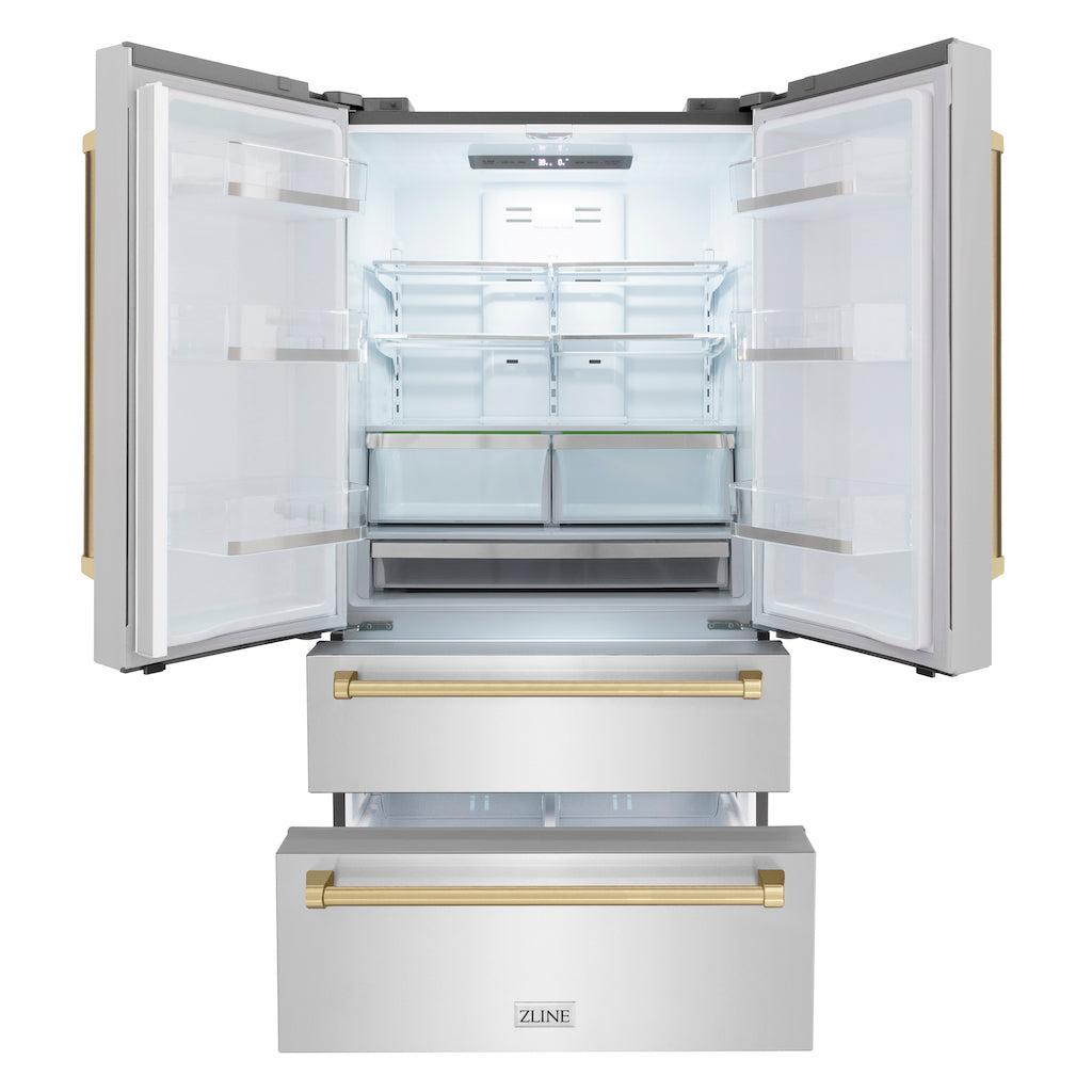 ZLINE Autograph Edition 36 in. 22.5 cu. ft Freestanding French Door Refrigerator with Ice Maker in Fingerprint Resistant Stainless Steel with Champagne Bronze Accents (RFMZ-36-CB) front, doors and bottom freezer drawers open.