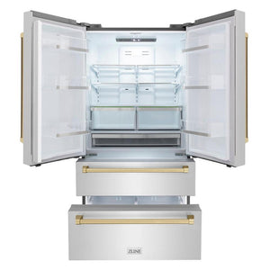 ZLINE Autograph Edition 36 in. 22.5 cu. ft. Counter-Depth French Door Refrigerator with Ice Maker in Fingerprint-Resistant Stainless Steel with Champagne Bronze Traditional Handles (RFMZ-36-CB) front, refrigeration compartment and bottom freezer drawers open.
