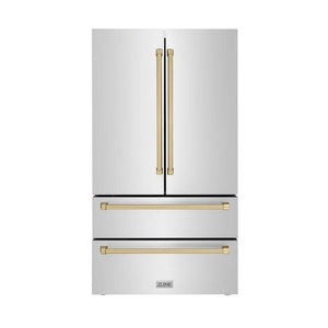ZLINE Autograph Edition 36 in. 22.5 cu. ft. Counter-Depth French Door Refrigerator with Ice Maker in Fingerprint-Resistant Stainless Steel with Champagne Bronze Traditional Handles (RFMZ-36-CB) front, closed.