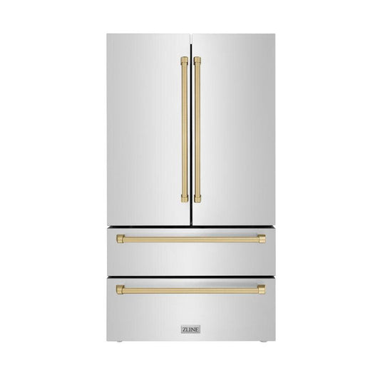 ZLINE Autograph Edition 36 in. 22.5 cu. ft. Counter-Depth French Door Refrigerator with Ice Maker in Fingerprint-Resistant Stainless Steel with Champagne Bronze Traditional Handles (RFMZ-36-CB) front, closed.