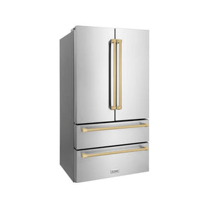 ZLINE Autograph Edition 36 in. 22.5 cu. ft. Counter-Depth French Door Refrigerator with Ice Maker in Fingerprint-Resistant Stainless Steel with Champagne Bronze Traditional Handles (RFMZ-36-CB) side, closed.