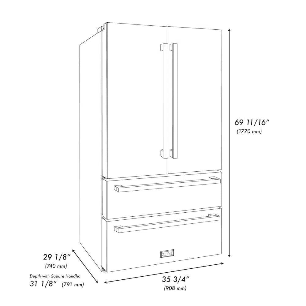 ZLINE Autograph Edition 36 in. 21.6 cu. ft 4-Door French Door Refrigerator with Water and Ice Dispenser in Stainless Steel with Champagne Bronze Square Handles (RFMZ-W-36-FCB) dimensional diagram with measurements.