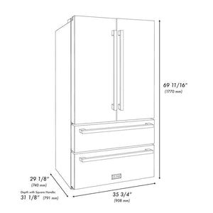 ZLINE Autograph Edition 36 in. 21.6 cu. ft 4-Door French Door Refrigerator with Water and Ice Dispenser in Stainless Steel with Champagne Bronze Square Handles (RFMZ-W-36-FCB) dimensional diagram with measurements.