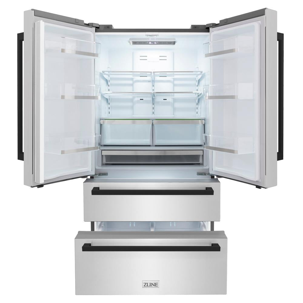 ZLINE Autograph Edition 36 in. 22.5 cu. ft. Counter-Depth French Door Refrigerator with Ice Maker in Fingerprint-Resistant Stainless Steel with Matte Black Modern Handles (RFMZ-36-FMB)