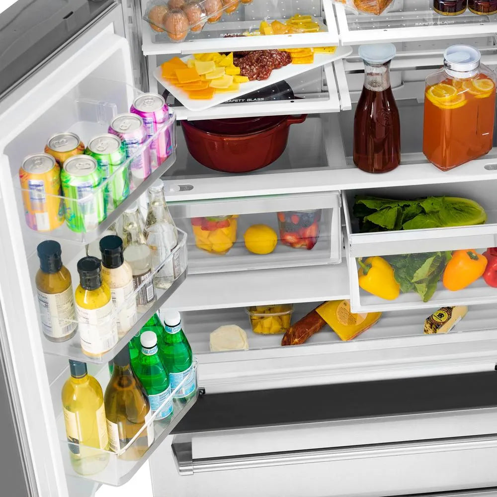 Open ZLINE Autograph Edition 36 in. 22.5 cu. ft. Counter-Depth French Door Refrigerator with Ice Maker in Fingerprint-Resistant Stainless Steel with Matte Black Modern Handles (RFMZ-36-FMB) with various food items and drinks inside