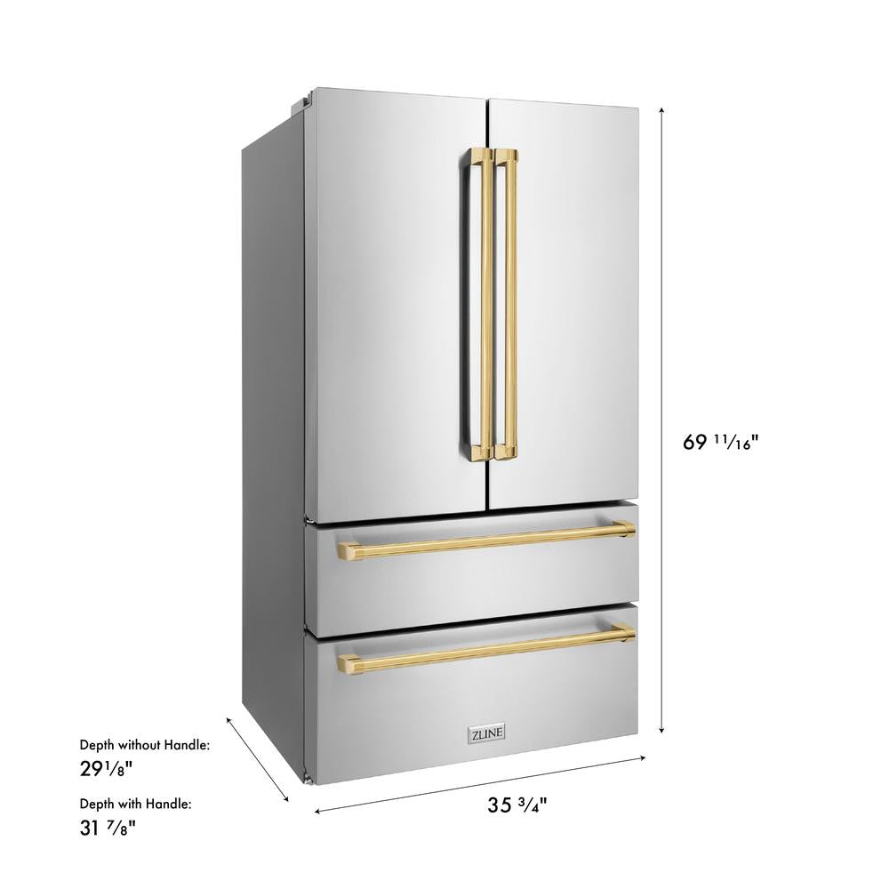 ZLINE Autograph Edition 36 in. 22.5 cu. ft. Counter-Depth French Door Refrigerator with Ice Maker in Fingerprint-Resistant Stainless Steel with Polished Gold Traditional Handles (RFMZ-36-G) dimensional diagram.