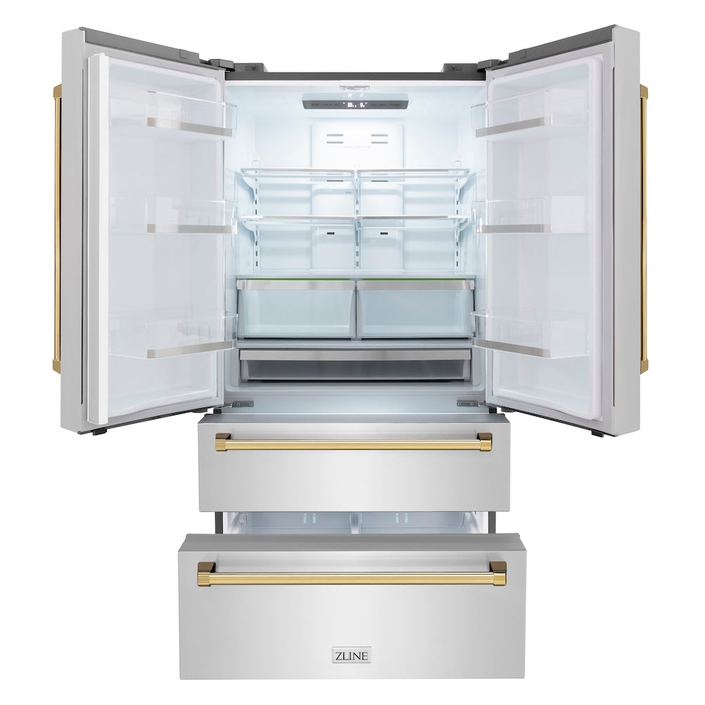 ZLINE Autograph Edition 36 in. 22.5 cu. ft. Counter-Depth French Door Refrigerator with Ice Maker in Fingerprint-Resistant Stainless Steel with Polished Gold Traditional Handles (RFMZ-36-G) front, refrigeration compartment and bottom freezer drawers open.