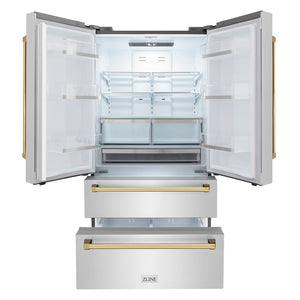 ZLINE Autograph Edition 36 in. 22.5 cu. ft. Counter-Depth French Door Refrigerator with Ice Maker in Fingerprint-Resistant Stainless Steel with Polished Gold Traditional Handles (RFMZ-36-G) front, refrigeration compartment and bottom freezer drawers open.