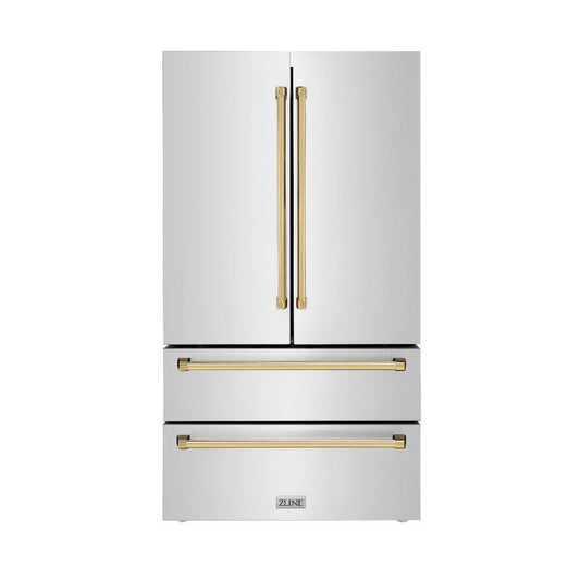 ZLINE Autograph Edition 36 in. 22.5 cu. ft. Counter-Depth French Door Refrigerator with Ice Maker in Fingerprint-Resistant Stainless Steel with Polished Gold Traditional Handles (RFMZ-36-G) front, closed.