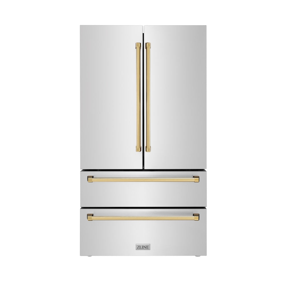 ZLINE Autograph Edition 36 in. 22.5 cu. ft. Counter-Depth French Door Refrigerator with Ice Maker in Fingerprint-Resistant Stainless Steel with Polished Gold Traditional Handles (RFMZ-36-G) main image.