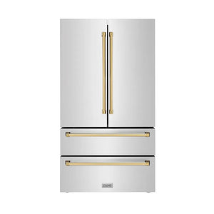 ZLINE Autograph Edition 36 in. 22.5 cu. ft. Counter-Depth French Door Refrigerator with Ice Maker in Fingerprint-Resistant Stainless Steel with Polished Gold Traditional Handles (RFMZ-36-G) main image.