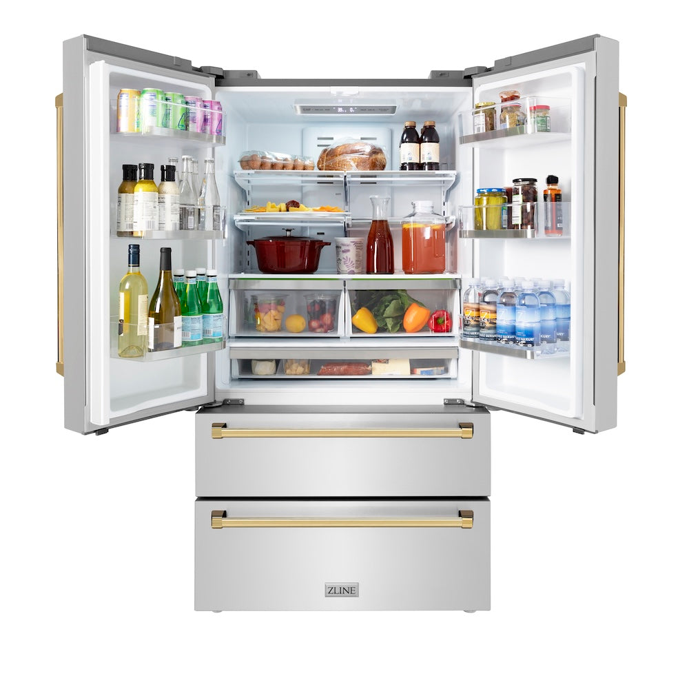 ZLINE Autograph Edition 36 in. 22.5 cu. ft. Counter-Depth French Door Refrigerator with Ice Maker in Fingerprint-Resistant Stainless Steel with Polished Gold Traditional Handles (RFMZ-36-G) front, refrigeration compartment open.