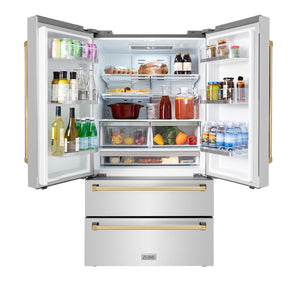 ZLINE Autograph Edition 36 in. 22.5 cu. ft. Counter-Depth French Door Refrigerator with Ice Maker in Fingerprint-Resistant Stainless Steel with Polished Gold Traditional Handles (RFMZ-36-G) front, refrigeration compartment open.