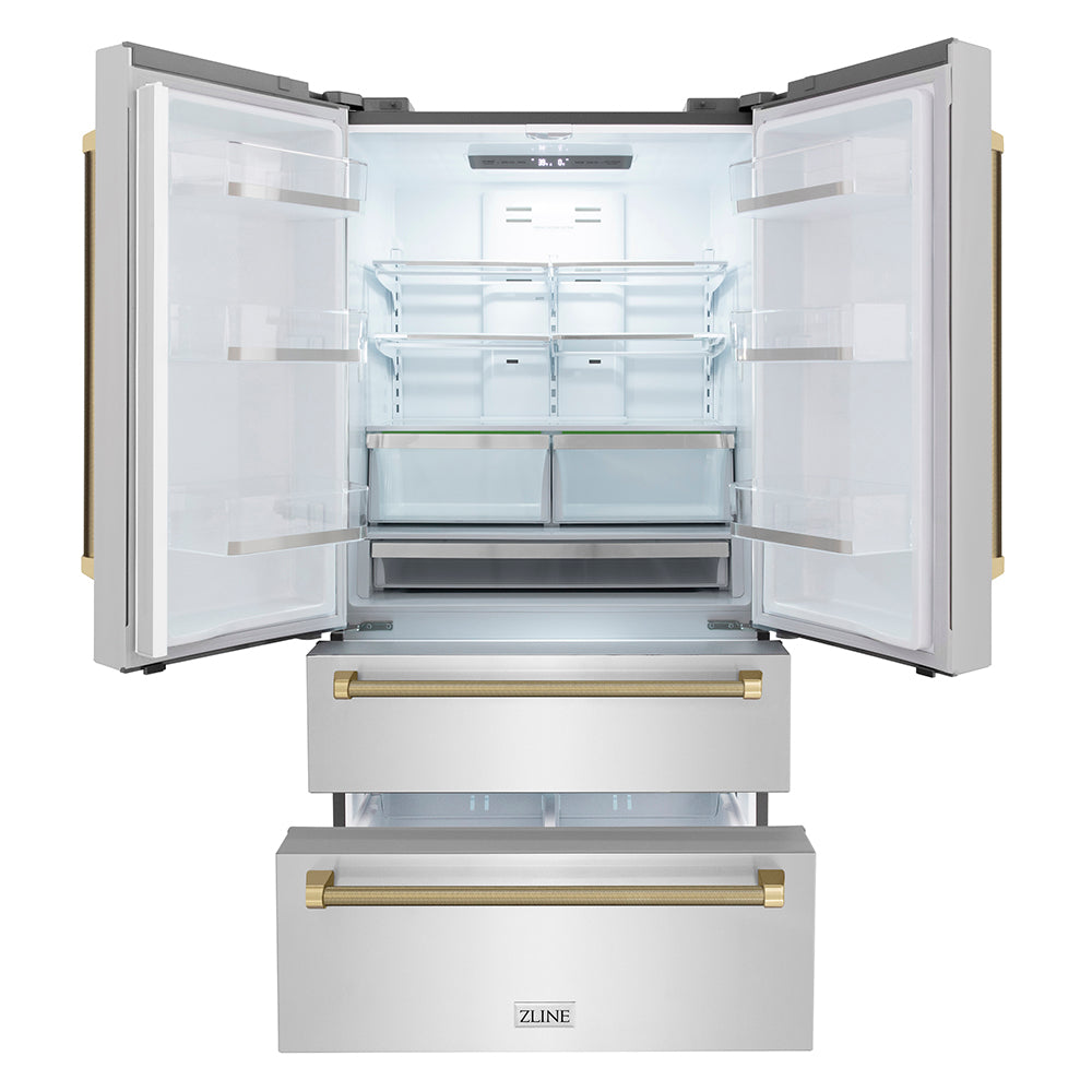 ZLINE Autograph Edition 36 in. 22.5 cu. ft. Counter-Depth French Door Refrigerator with Ice Maker in Fingerprint-Resistant Stainless Steel and Champagne Bronze Helix Handles (RFMZ-36-KCB) front, refrigeration compartment and bottom freezer drawers open.