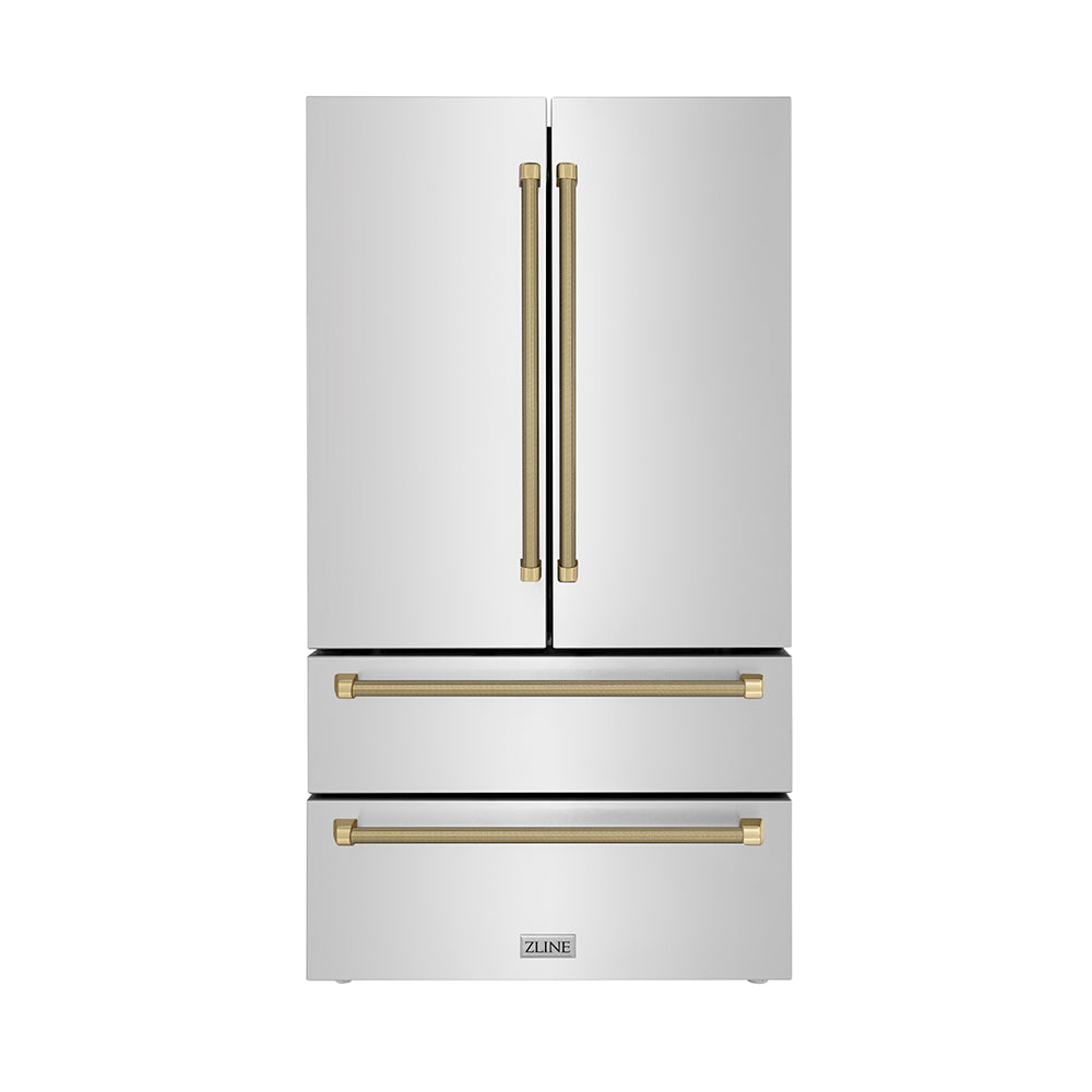 ZLINE Autograph Edition 36 in. 22.5 cu. ft. Counter-Depth French Door Refrigerator with Ice Maker in Fingerprint-Resistant Stainless Steel and Champagne Bronze Helix Handles (RFMZ-36-KCB)
