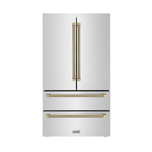 ZLINE Autograph Edition 36 in. 22.5 cu. ft. Counter-Depth French Door Refrigerator with Ice Maker in Fingerprint-Resistant Stainless Steel and Champagne Bronze Helix Handles (RFMZ-36-KCB)