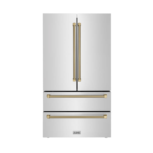 ZLINE Autograph Edition 36 in. 22.5 cu. ft. Counter-Depth French Door Refrigerator with Ice Maker in Fingerprint-Resistant Stainless Steel and Champagne Bronze Helix Handles (RFMZ-36-KCB)