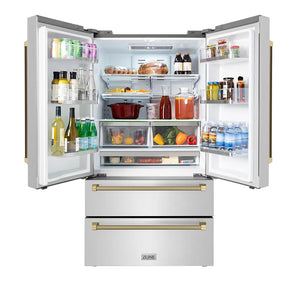 ZLINE Autograph Edition 36 in. 22.5 cu. ft. Counter-Depth French Door Refrigerator with Ice Maker in Fingerprint-Resistant Stainless Steel and Champagne Bronze Helix Handles (RFMZ-36-KCB) front, open.