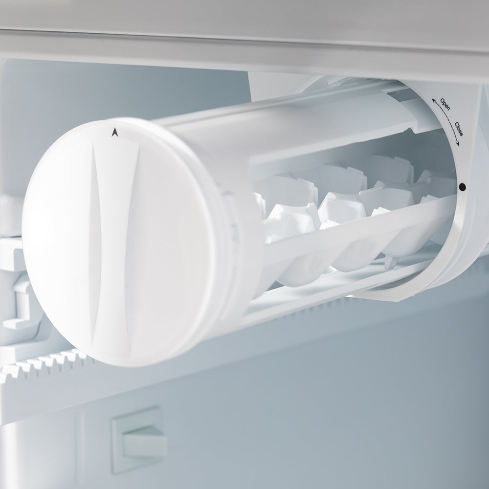 ZLINE Autograph Edition 36 in. 22.5 cu. ft. Counter-Depth French Door Refrigerator with Ice Maker in Fingerprint-Resistant Stainless Steel and Champagne Bronze Helix Handles (RFMZ-36-KCB) internal ice maker with ice cubes visible.