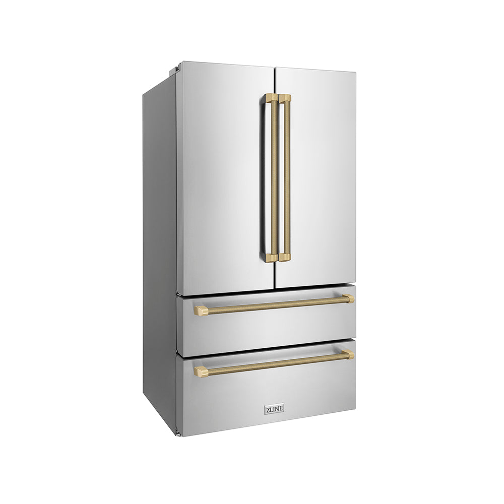ZLINE Autograph Edition 36 in. 22.5 cu. ft. Counter-Depth French Door Refrigerator with Ice Maker in Fingerprint-Resistant Stainless Steel and Champagne Bronze Helix Handles (RFMZ-36-KCB) side.
