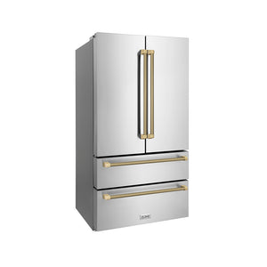 ZLINE Autograph Edition 36 in. 22.5 cu. ft. Counter-Depth French Door Refrigerator with Ice Maker in Fingerprint-Resistant Stainless Steel and Champagne Bronze Helix Handles (RFMZ-36-KCB) side.