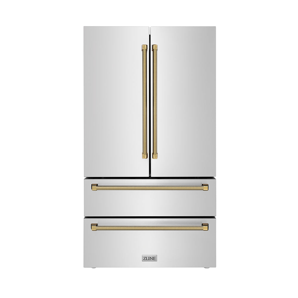 ZLINE Autograph Edition 36 in. 22.5 cu. ft. Counter-Depth French Door Refrigerator with Ice Maker in Fingerprint-Resistant Stainless Steel and Polished Gold Helix Handles (RFMZ-36-KG)