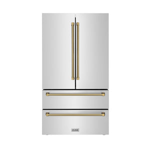 ZLINE Autograph Edition 36 in. 22.5 cu. ft. Counter-Depth French Door Refrigerator with Ice Maker in Fingerprint-Resistant Stainless Steel and Polished Gold Helix Handles (RFMZ-36-KG)