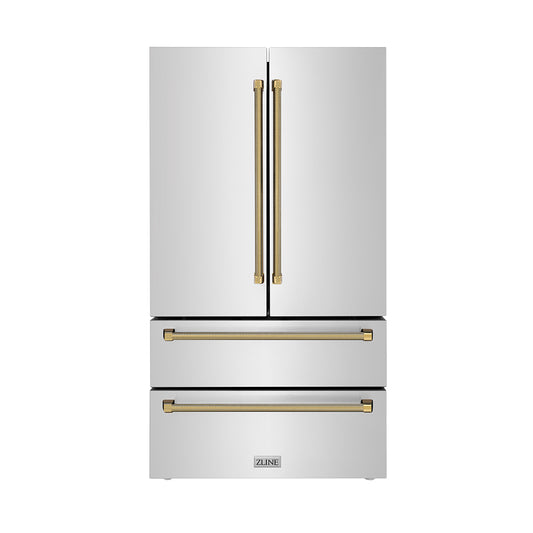 ZLINE Autograph Edition 36 in. 22.5 cu. ft. Counter-Depth French Door Refrigerator with Ice Maker in Fingerprint-Resistant Stainless Steel and Polished Gold Helix Handles (RFMZ-36-KG)