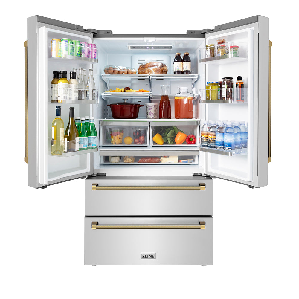 ZLINE Autograph Edition 36 in. 22.5 cu. ft. Counter-Depth French Door Refrigerator with Ice Maker in Fingerprint-Resistant Stainless Steel and Polished Gold Helix Handles (RFMZ-36-KG) front, open.