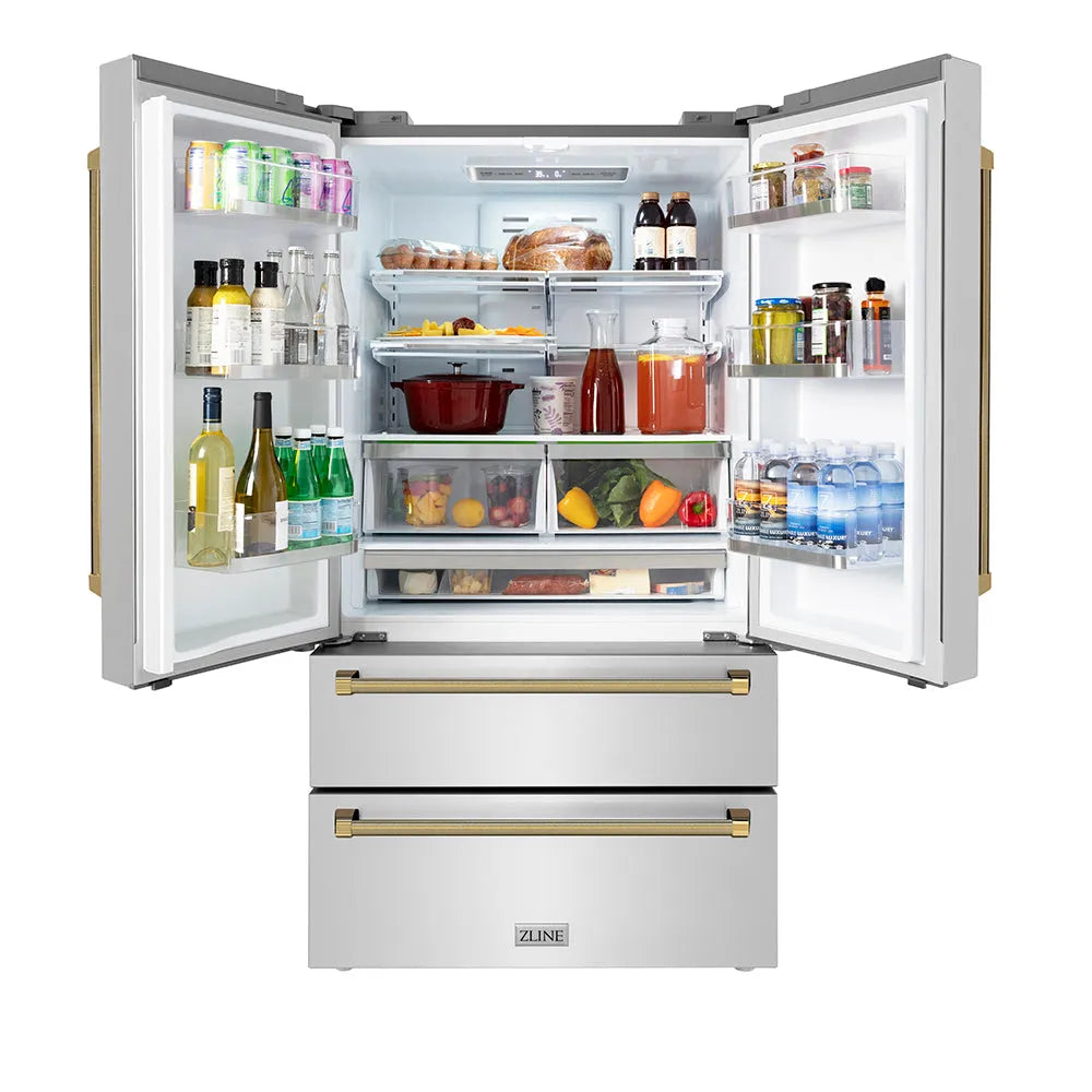 ZLINE Autograph Edition 36 in. 22.5 cu. ft. Counter-Depth French Door Refrigerator with Ice Maker in Fingerprint-Resistant Stainless Steel and Polished Gold Helix Handles (RFMZ-36-KG) front, open.